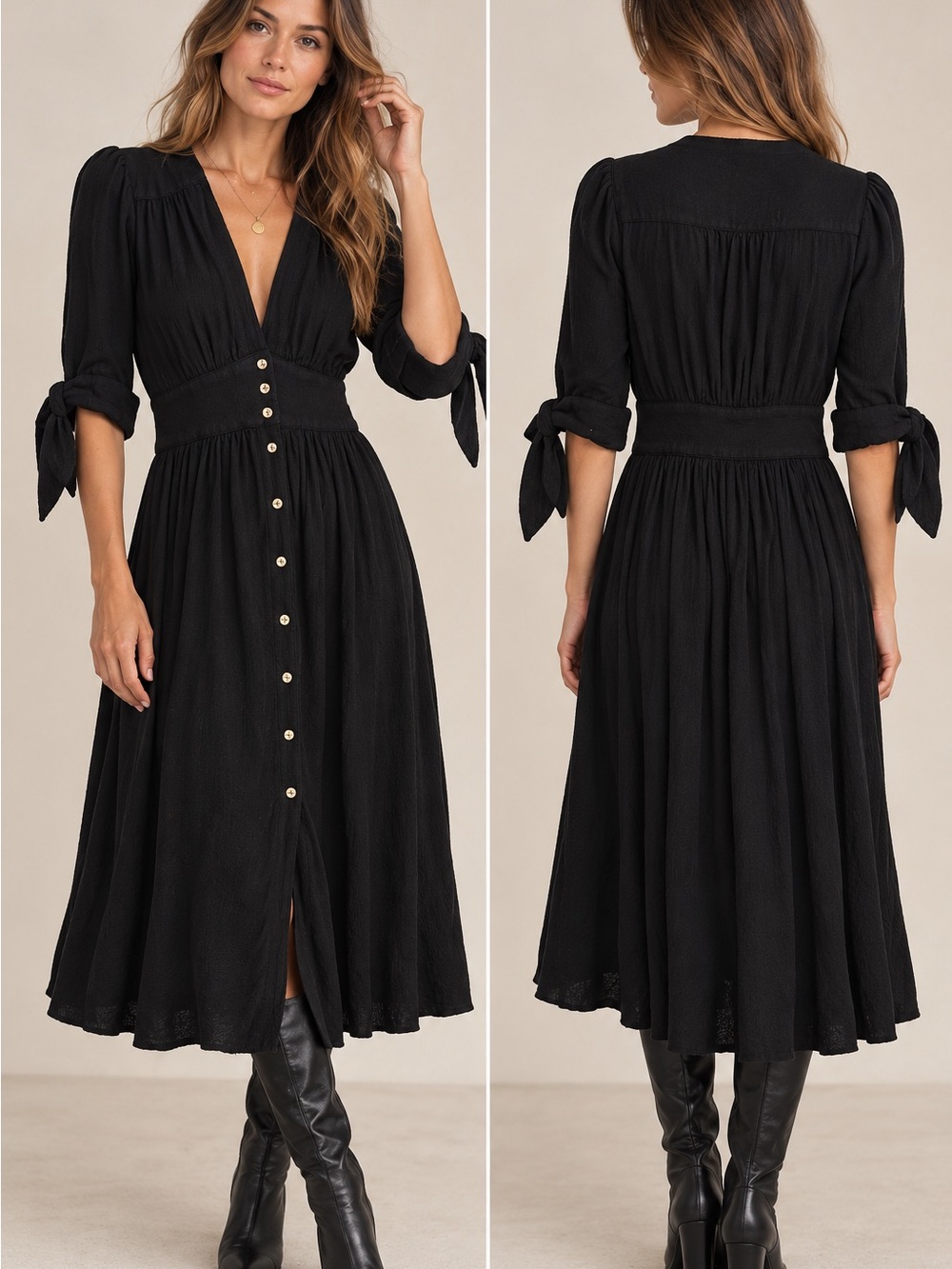 Free People Black Button-Front Maxi Dress with Tie Sleeves